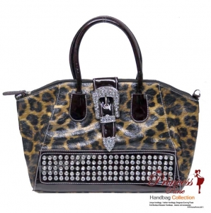 Designer Inspired Animal Print Glossy Leatherette Hand Bag w/ Flip-over Buckle and Rhinestone Decor